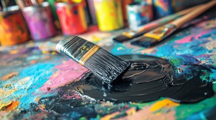 Fototapeta premium Paintbrush in black paint on a colorful palette.