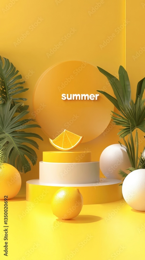 Poster 3d rendering of a summer background with geometric shapes and podiums for product display