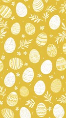 A yellow background with white Easter eggs and leaves.