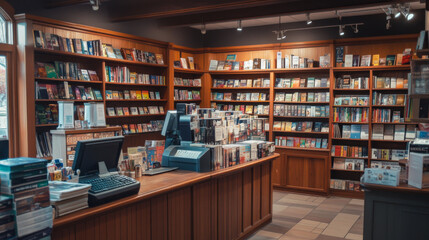 Bookstore interior with lots of paper hardcover books on shelves of racks and cabinets, counter desk with cash register and computer monitor, stands with new, sale literature and bestsellers.