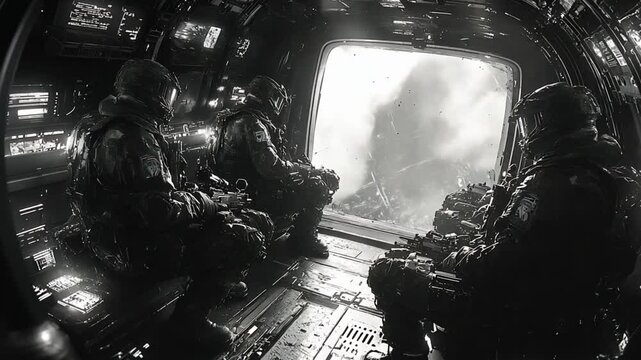Soldiers in a futuristic helicopter cockpit, stormy weather outside. Military personnel inside a futuristic transport