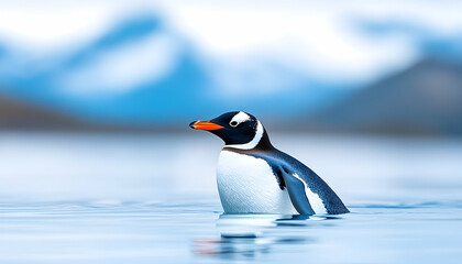Obraz premium Gentoo penguin swimming in icy blue water, mountains blurred in background
