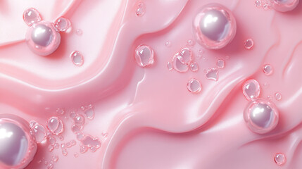 Pink candy drips with scattered pearls on transparent background - flowing sweet streams, sugary glaze pattern with glossy melted texture and shiny decorative spheres. Confectionery design element.