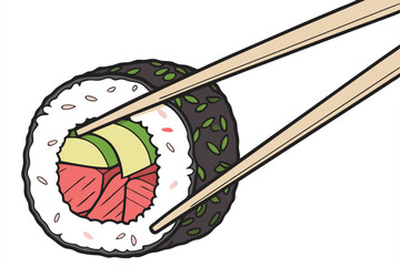 9 Sushi roll, chopsticks, maki, tuna, avocado, rice, nori seaweed, Japanese cuisine, close-up, vibrant colors, fresh ingredients, high contrast, white background, appetizing, food photography, detaile