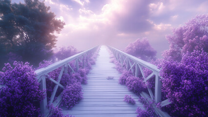 A wooden walkway stretches into the distance amidst vibrant lavender blooms