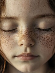 A young girl with red hair and freckles, her eyes gently closed in a peaceful slumber. Her soft expression conveys innocence and tranquility.