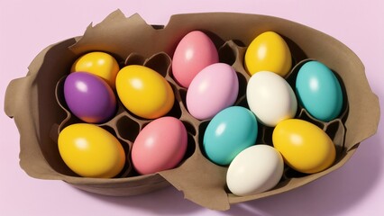 Obraz premium A brown paper egg carton filled with pastel colored eggs.