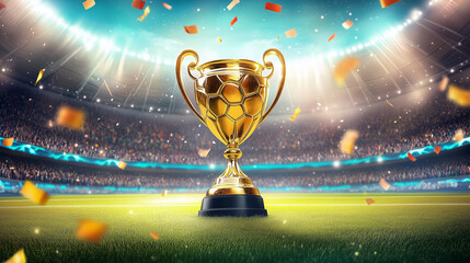 Trophy with Golden Soccer Ball on Green Field Amid Vibrant Confetti and Bright Stadium Lights for Celebratory Victory Design - Football World Cup 2025 Festive Banner 4K Background Download