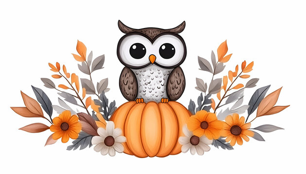 Cute cartoon owl perched on an autumn pumpkin, surrounded by fall leaves and flowers