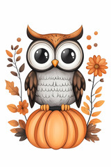 Cute cartoon owl perched on an autumn pumpkin, surrounded by fall leaves and flowers (1)