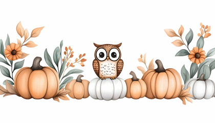 Cute owl perched on pumpkins amidst autumnal foliage