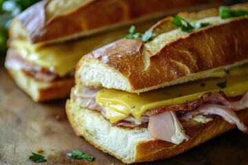 Mouthwatering Homemade Cuban Sandwiches: Fresh Deli-Style Baguette Filled with Cheese and Chicken