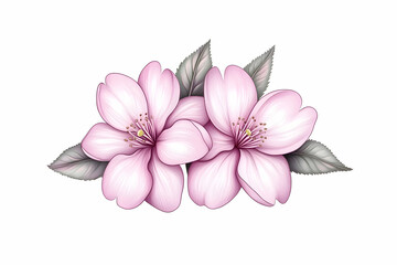 Delicate pink blossoms with grey leaves, isolated on white