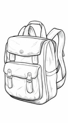 Detailed line drawing of a classic style backpack with multiple pockets and straps