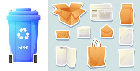 Paper waste sorting, blue waste paper container, waste separation and recycling. Stickers, sorting game for children, teaching eco-friendly habits.