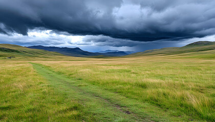 Fototapeta premium Dramatic storm clouds over a vast, grassy plain with a dirt road leading into the distance