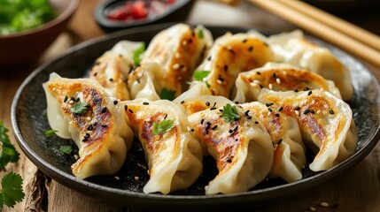 Golden brown gyoza dumplings line the plate, crispy edges promising savory bites.
