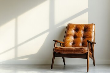 an elegant leather armchair in a cozy living space under sunlight. The armchair is the focal point of the scene, bathed in warm light