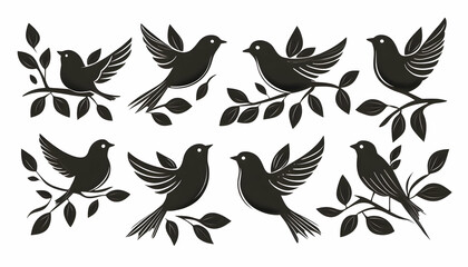 Fototapeta premium Eight monochrome bird silhouettes on branches