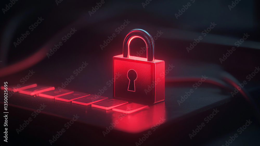Poster 3d render, secure warning, personal data protection concept with red padlock and field with incomple