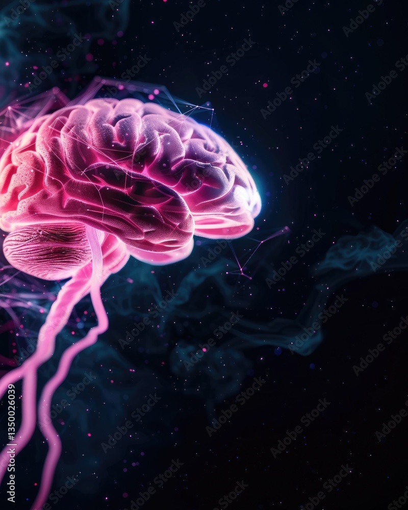 Poster futuristic neon brain visualization with glowing neural connections and cosmic background