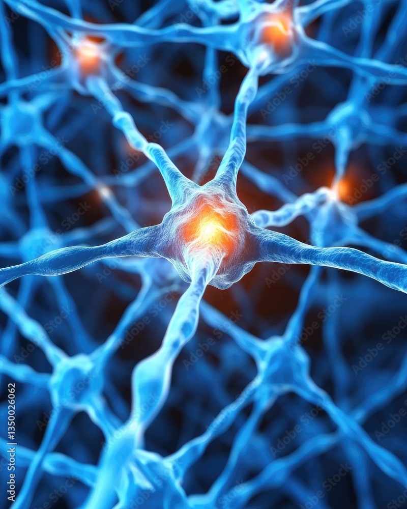 Poster intricate network of neurons with glowing synapses in sci-fi style