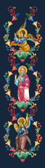 Jeremiah weeping prophet. Decorative vintage floral border with angels, illustration in Byzantine style