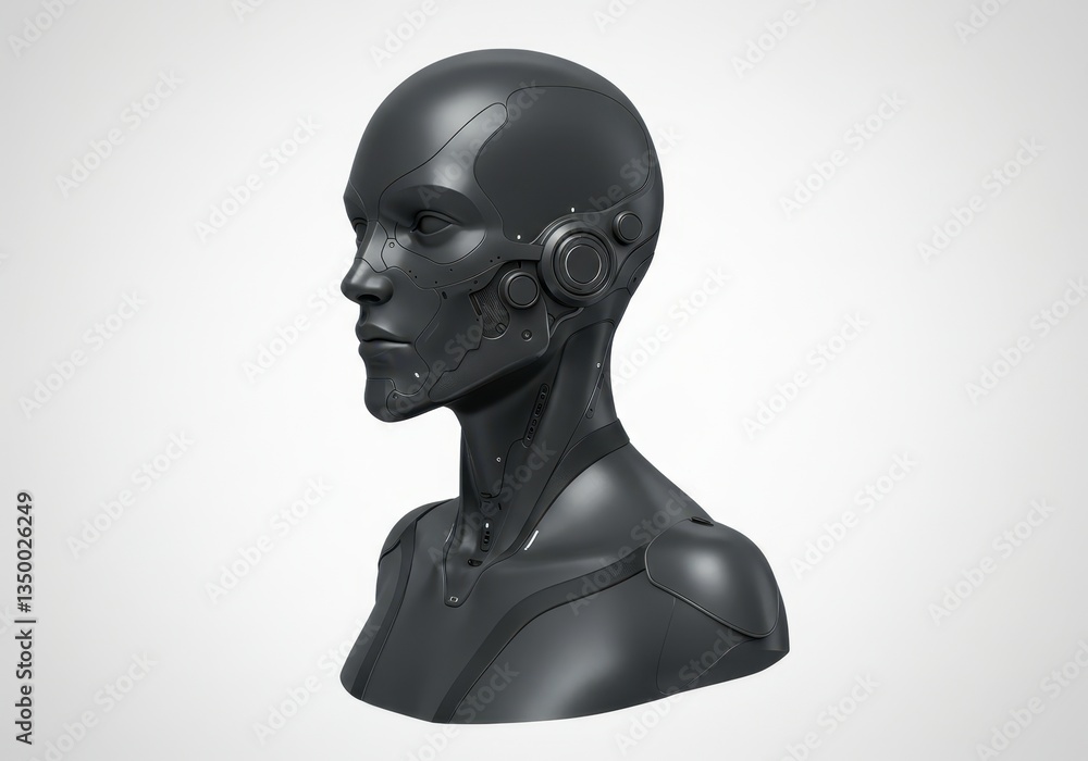 Poster female humanoid robot bust. futuristic woman android with artificial intelligence for science and di