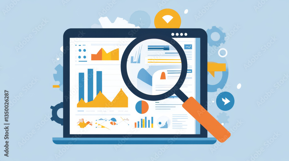 Poster seo, search engine optimization algorithm, concept vector isometric illustration. large magnifying g