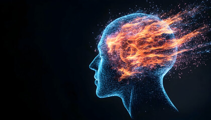 Fiery head profile, abstract concept of intense thought or burning ideas