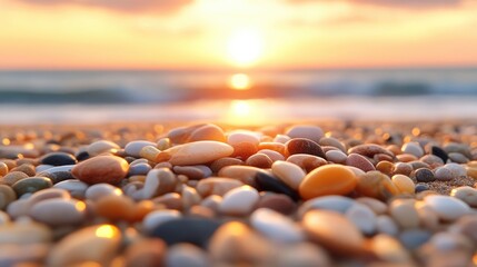 Obraz premium Colorful pebbles on a beach at sunrise. Sunrise over the ocean, with golden light reflecting on smooth stones