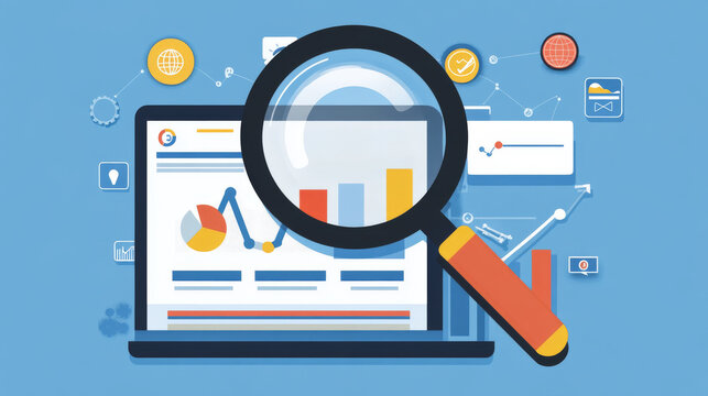 SEO, search engine optimization algorithm, concept vector isometric illustration. Large magnifying glass for monitoring and analyzing data, blue landing website page, interface template