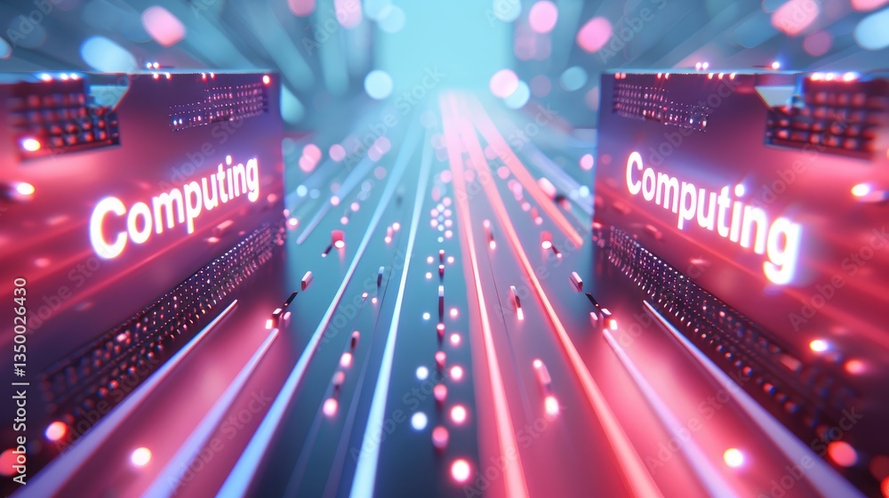Poster futuristic digital design with computing concept and light trails in technology environment
