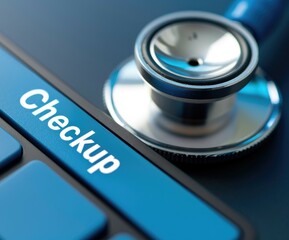 Close-up View of a Computer Keyboard Key with the Word Checkup and a Stethoscope