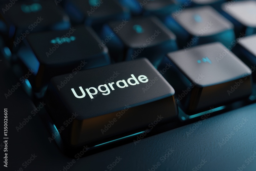Poster close-up of computer keyboard key featuring the word upgrade in modern technology setting