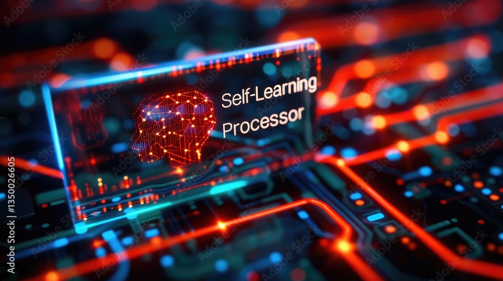 Poster futuristic self-learning processor with neural network design on circuit board