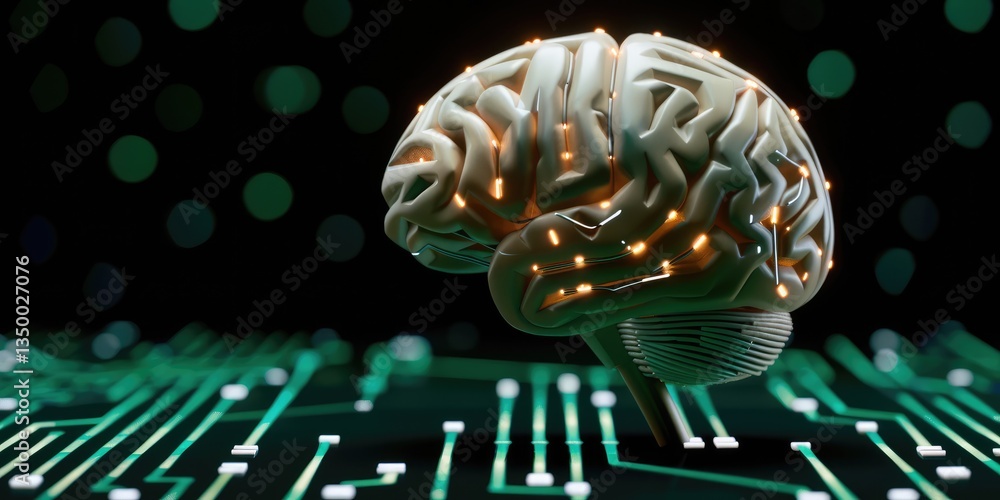 Poster illuminated human brain model on circuit board representing artificial intelligence neural networks