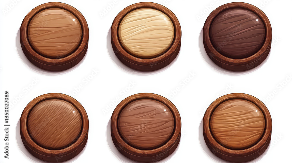 Poster wooden web buttons, round icons for game interface. vector cartoon set of brown ui elements with woo