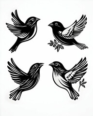 Obraz premium Four stylized black and white bird illustrations in flight, two with branches