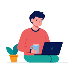 Person Drinking Coffee and Working on Laptop – Cozy Modern Vector Design on Transparent Background