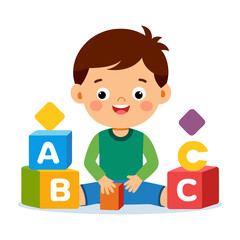 Young child learning ABCs with colorful blocks in a fun and educational vector design on transparent background