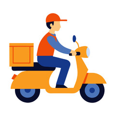 Delivery man riding a scooter in a simple professional vector style on transparent background