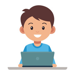 Happy young boy sitting at a desk using a laptop with a bright smile and smooth vector shading on transparent background
