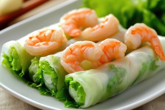 Crunchy Shrimp Rolls: Homemade Delight with Fresh Lettuce on a Plate Inspired by Asian Cuisine