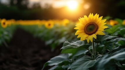 Sunflowers in a field at sunset