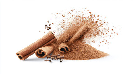 Realistic set of cinnamon powder clouds isolated on white background. Vector illustration of dry brown dust burst in air, fragrant condiment sprinkled, explosion of aromatic flavor. Cooking ingredient
