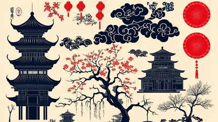 Elegant Asian Architectural & Floral Design Elements