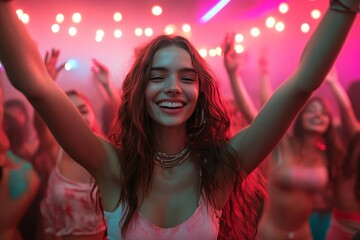 Obraz premium a woman joyfully celebrating at a party with her arms raised, embraced by a vibrant atmosphere and other people. The scene is filled with energy, with the people celebrating together
