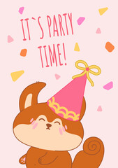 Happy Birthday greeting card with kawaii squirrel with a big party hat and festive confetti. Adorable vector illustration with pastel colors for birthday cards, party invitations, celebrate posters