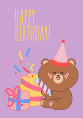 Happy Birthday greeting card with kawaii bear with party hat, gifts and confetti. Adorable vector illustration with pastel colors for birthday cards, party invitations, celebrate posters